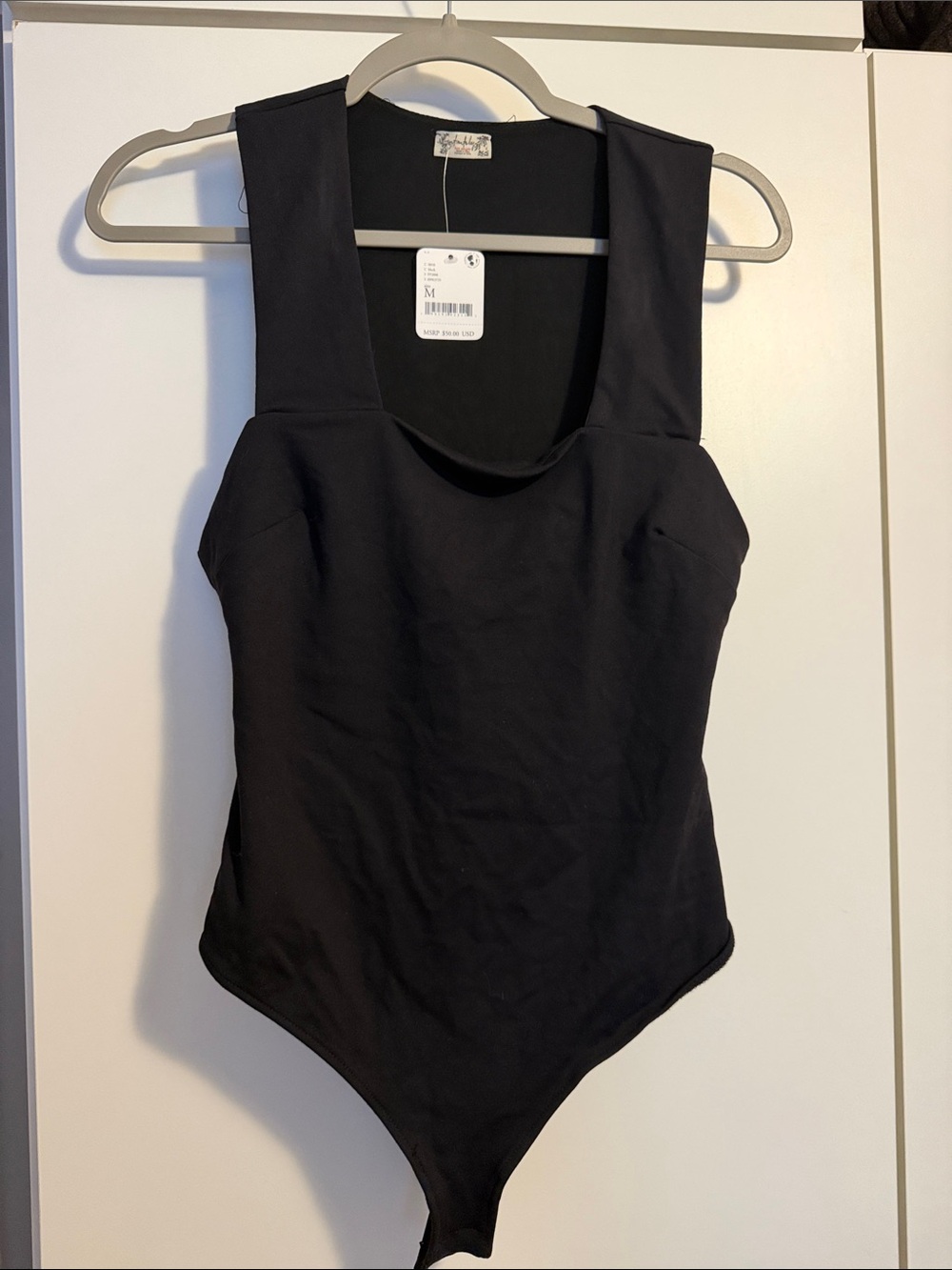 Free People Black Structured Square-Neck Bodysuit